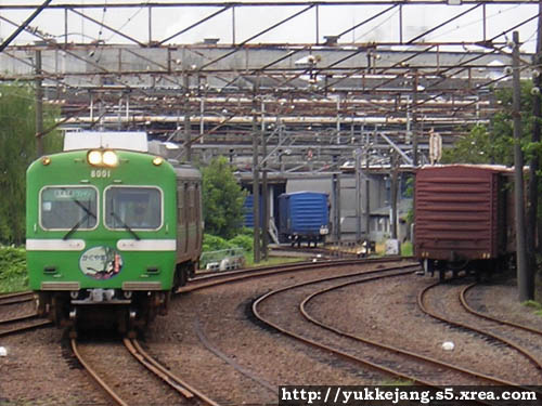 岳南鉄道 - 貨車の横を走る8000形電車